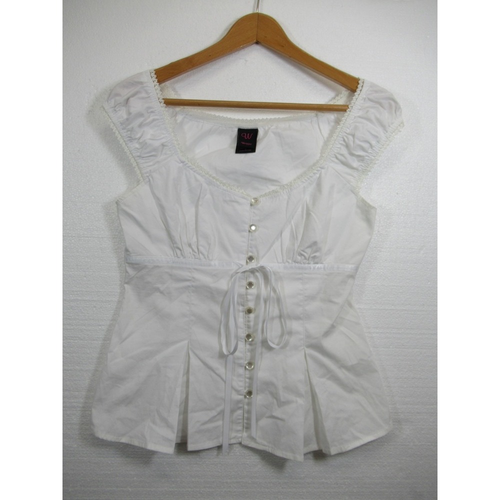 Wrapper Empire Waist Milkmaid Blouse Women Medium White Ribbon